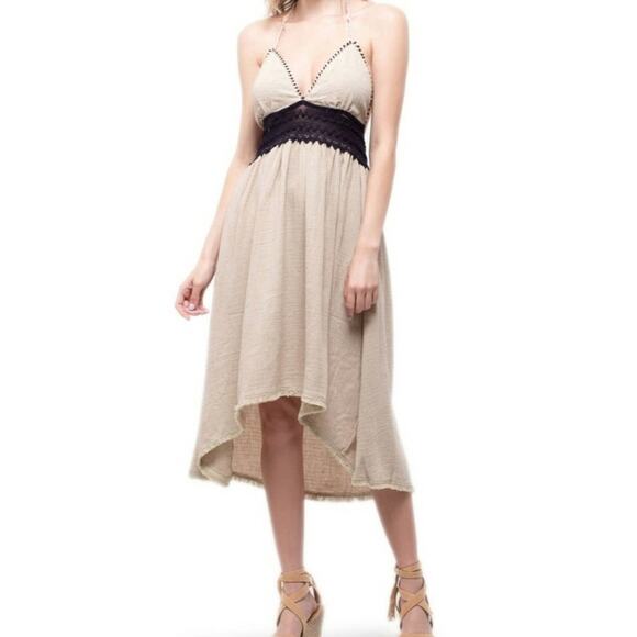 $10 SALE!! New Backless Dress Moon River XS Boho High/Low Lace Linen Halter Neck - Picture 1 of 9